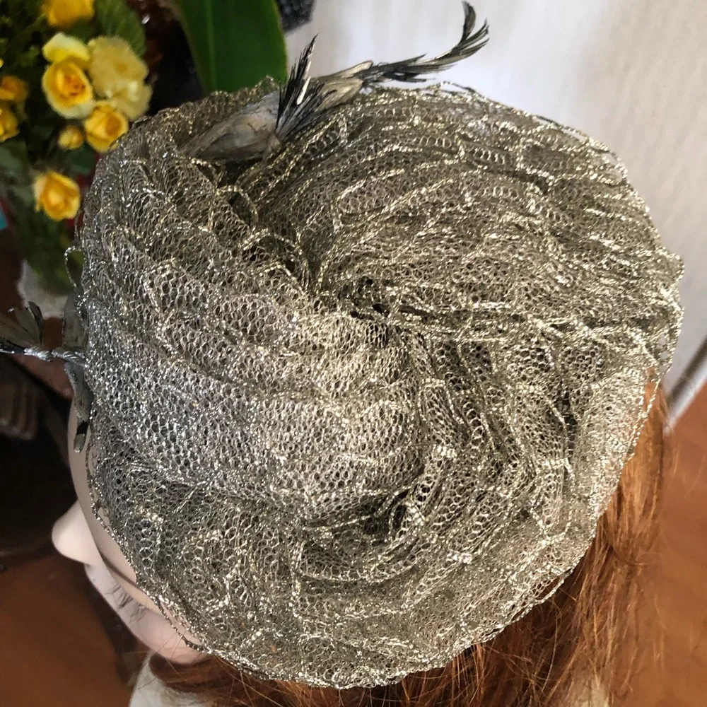 Antique Silver Metallic Hat w Birds - Picture 3 of 11